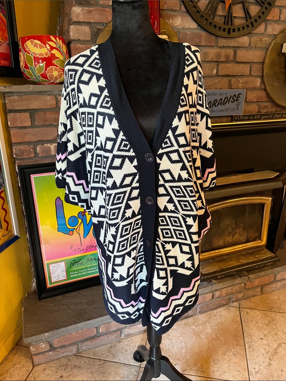 POL Womend Black and White Open Weave Crewneck Sweater
